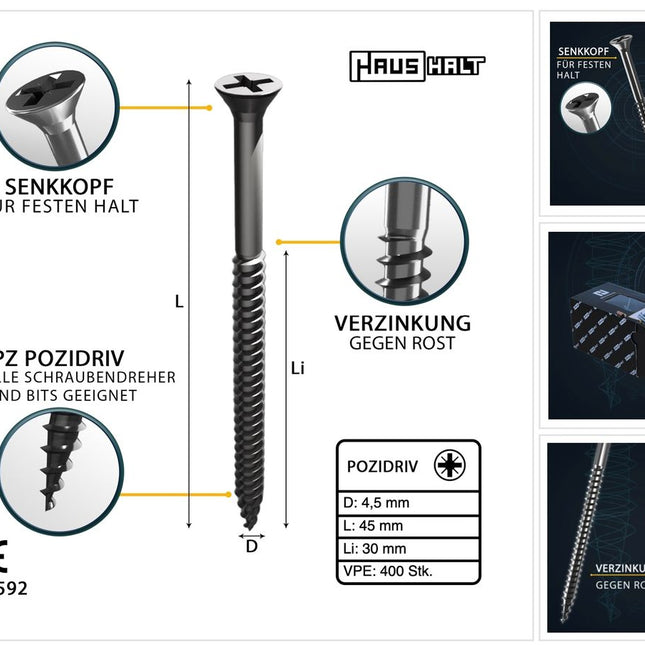 HausHalt Universal Holzbauschraube Holzschraube 4,5 x 45 mm PZ2 400 Stk. ( 000051371170 ) silber verzinkt Kreuzschlitz Pozidriv Senkkopf Teilgewinde - Toolbrothers