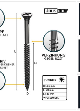 HausHalt Universal Holzbauschraube Holzschraube 4,5 x 70 mm PZ2 250 Stk. ( 000051371177 ) silber verzinkt Kreuzschlitz Pozidriv Senkkopf Teilgewinde - Toolbrothers