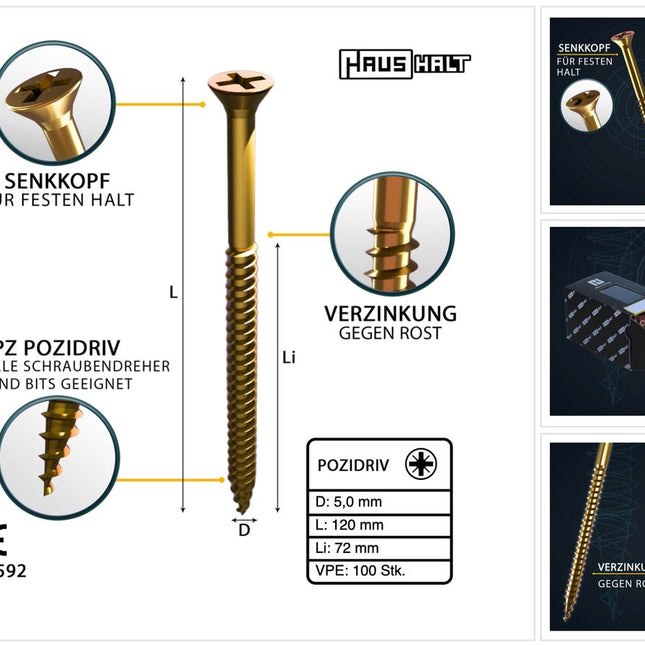 HausHalt Universal Holzbauschraube Holzschraube 5,0 x 120 mm PZ2 100 Stk. ( 000051371186 ) gelb verzinkt Kreuzschlitz Pozidriv Senkkopf Teilgewinde - Toolbrothers