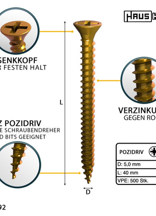 HausHalt Universal Holzbauschraube Holzschraube 5,0 x 40 mm PZ2 500 Stk. ( 000051371192 ) gelb verzinkt Kreuzschlitz Pozidriv Senkkopf Vollgewinde - Toolbrothers