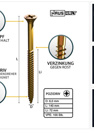 HausHalt Universal Holzbauschraube Holzschraube 6,0 x 140 mm PZ3 100 Stk. ( 000051371217 ) gelb verzinkt Kreuzschlitz Pozidriv Senkkopf Teilgewinde - Toolbrothers