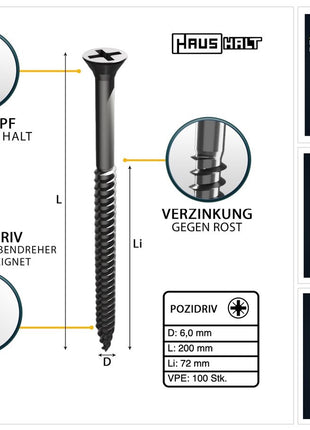 HausHalt Universal Holzbauschraube Holzschraube 6,0 x 200 mm PZ3 100 Stk. ( 000051371223 ) silber verzinkt Kreuzschlitz Pozidriv Senkkopf Teilgewinde - Toolbrothers