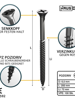 HausHalt Universal Holzbauschraube Holzschraube 6,0 x 200 mm PZ3 100 Stk. ( 000051371223 ) silber verzinkt Kreuzschlitz Pozidriv Senkkopf Teilgewinde - Toolbrothers