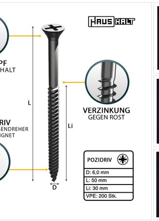 HausHalt Universal Holzbauschraube Holzschraube 6,0 x 50 mm PZ3 200 Stk. ( 000051371227 ) silber verzinkt Kreuzschlitz Pozidriv Senkkopf Teilgewinde - Toolbrothers