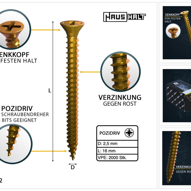 HausHalt Tornillo universal para construcción de madera tornillo para madera 2,5 x 16 mm PZ1 2000 piezas (2x 000051371121) amarillo galvanizado ranura en cruz Pozidriv cabeza avellanada rosca completa