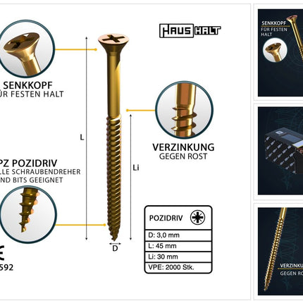 HausHalt Universal Holzbauschraube Holzschraube 3,0 x 45 mm PZ1 2000 Stk. ( 4x 000051371129 ) gelb verzinkt Kreuzschlitz Pozidriv Senkkopf Teilgewinde - Toolbrothers