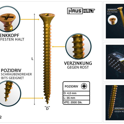 HausHalt Tornillo universal para construcción de madera tornillo para madera 4,0 x 35 mm PZ2 2000 piezas (4x 000051371145) amarillo galvanizado ranura en cruz Pozidriv cabeza avellanada rosca completa