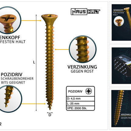 HausHalt Universal Holzbauschraube Holzschraube 4,5 x 25 mm PZ2 2000 Stk. ( 4x 000051371161 ) gelb verzinkt Kreuzschlitz Pozidriv Senkkopf Vollgewinde - Toolbrothers