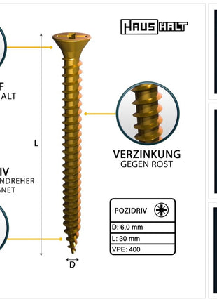 HausHalt Universal Holzbauschraube Holzschraube 6,0 x 30 mm PZ3 400 Stk. ( 2x 000051371225 ) gelb verzinkt Kreuzschlitz Pozidriv Senkkopf Vollgewinde - Toolbrothers