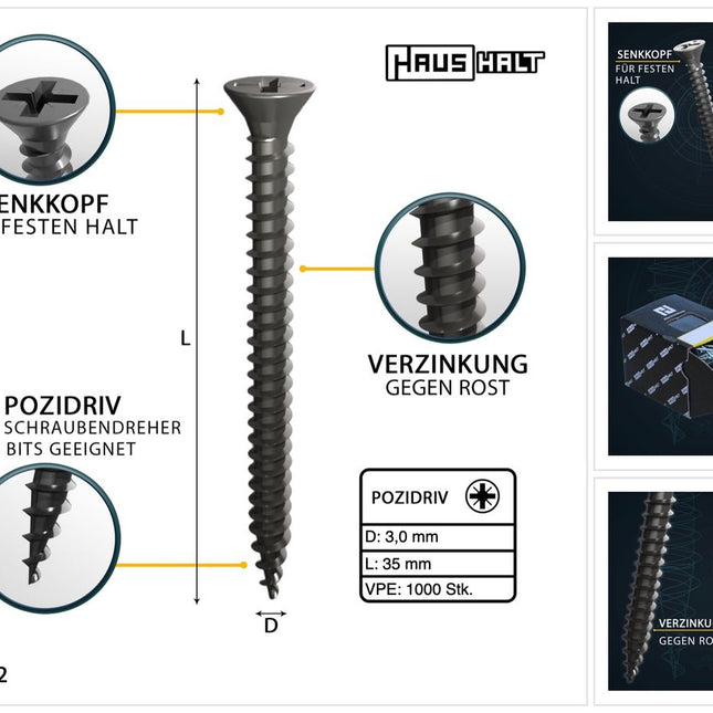 HausHalt Tornillo universal para construcción de madera tornillo para madera 3,0 x 35 mm PZ1 1000 piezas (2x 000051371099) plateado galvanizado ranura en cruz Pozidriv cabeza avellanada rosca completa