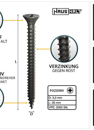 HausHalt Tornillo universal para construcción de madera, tornillo para madera, 3,0 x 35 mm, PZ1, 2000 piezas (4x 000051371099), ranura cruzada galvanizada en plata, cabeza avellanada Pozidriv, rosca completa