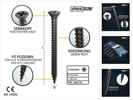 HausHalt Tornillo universal para construcción de madera, tornillo para madera, 3,0 x 35 mm, PZ1, 2000 piezas (4x 000051371099), ranura cruzada galvanizada en plata, cabeza avellanada Pozidriv, rosca completa