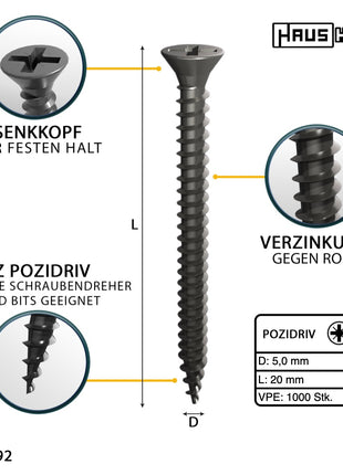 HausHalt Universal Holzbauschraube Holzschraube 5,0 x 20 mm PZ2 1000 Stk. ( 2x 000051371187 ) silber verzinkt Kreuzschlitz Pozidriv Senkkopf Vollgewinde - Toolbrothers