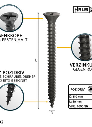 HausHalt Universal Holzbauschraube Holzschraube 5,0 x 30 mm PZ2 1000 Stk. ( 2x 000051371189 ) silber verzinkt Kreuzschlitz Pozidriv Senkkopf Vollgewinde - Toolbrothers