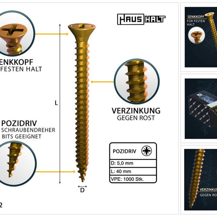 HausHalt Universal Holzbauschraube Holzschraube 5,0 x 40 mm PZ2 1000 Stk. ( 2x 000051371192 ) gelb verzinkt Kreuzschlitz Pozidriv Senkkopf Vollgewinde - Toolbrothers