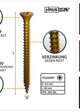 HausHalt Tornillo universal para construcción de madera tornillo para madera 5,0 x 60 mm PZ2 500 piezas (2x 000051371202) amarillo galvanizado ranura transversal Pozidriv cabeza avellanada rosca completa