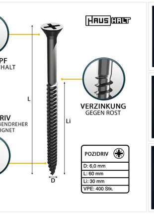 HausHalt Universal Holzbauschraube Holzschraube 6,0 x 60 mm PZ3 400 Stk. ( 2x 000051371229 ) silber verzinkt Kreuzschlitz Pozidriv Senkkopf Teilgewinde - Toolbrothers