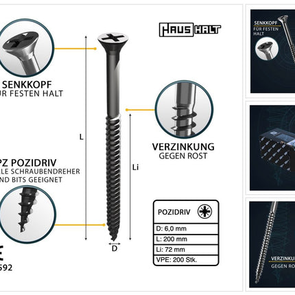 HausHalt Universal Holzbauschraube Holzschraube 6,0 x 200 mm PZ3 200 Stk. ( 2x 000051371223 ) silber verzinkt Kreuzschlitz Pozidriv Senkkopf Teilgewinde - Toolbrothers