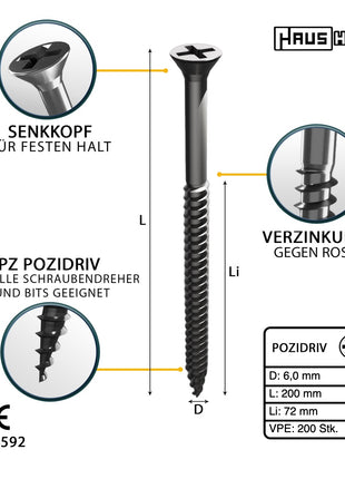 HausHalt Universal Holzbauschraube Holzschraube 6,0 x 200 mm PZ3 200 Stk. ( 2x 000051371223 ) silber verzinkt Kreuzschlitz Pozidriv Senkkopf Teilgewinde - Toolbrothers