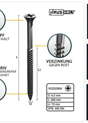 HausHalt Universal Holzbauschraube Holzschraube 6,0 x 200 mm PZ3 400 Stk. ( 4x 000051371223 ) silber verzinkt Kreuzschlitz Pozidriv Senkkopf Teilgewinde - Toolbrothers