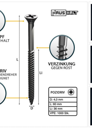 HausHalt Universal Holzbauschraube Holzschraube 4,0 x 60 mm PZ2 1000 Stk. ( 4x 000051371154 ) silber verzinkt Kreuzschlitz Pozidriv Senkkopf Teilgewinde