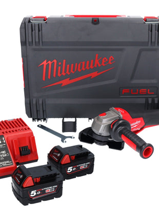 Amoladora angular a batería Milwaukee M18 FSAGV115XPDB-502X 18 V 115 mm sin escobillas + 2x baterías 5,0 Ah + cargador + caja HD