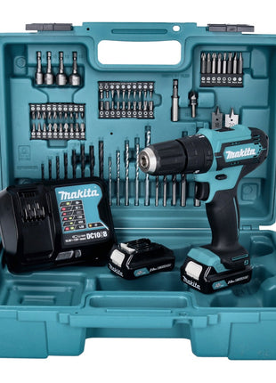 Taladro percutor inalámbrico Makita HP 333 DSAX1 12 V 30 Nm + 2x baterías 2,0 Ah + cargador + juego de brocas y brocas 74 piezas + maletín