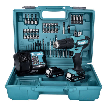 Taladro de percusión a batería Makita HP 333 DSAX1 12 V 30 Nm + 2x batería recargable 2,0 Ah + cargador + juego de brocas y puntas de 74 piezas + maletín