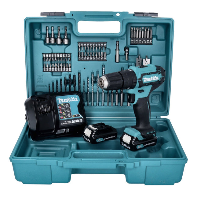 Taladro de percusión a batería Makita HP 333 DSAX1 12 V 30 Nm + 2x batería recargable 2,0 Ah + cargador + juego de brocas y puntas de 74 piezas + maletín