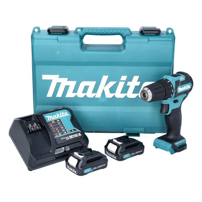 Taladro atornillador a batería Makita DF 332 DSAE 12 V 35 Nm sin escobillas + 2x batería recargable 10,8 V 2,0 Ah + cargador + maletín