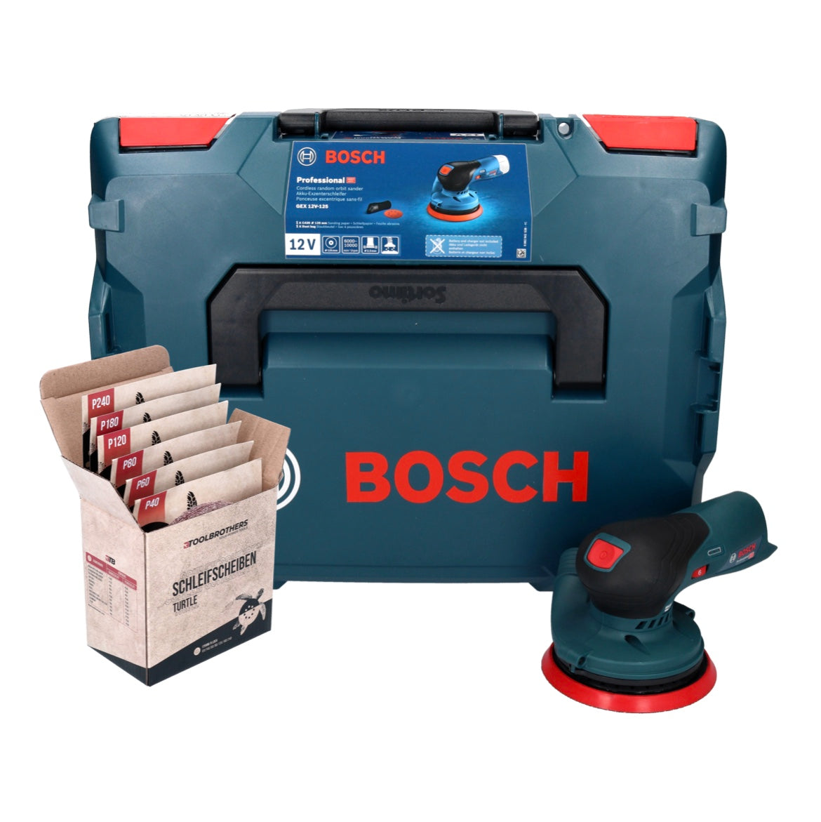 Bosch GEX 12V-125 Lijadora rotorbital profesional sin cable 12 V 125 mm sin escobillas + L-Boxx ( 0601372100 ) + Juego de lijado Toolbrothers TURTLE - sin batería, sin cargador