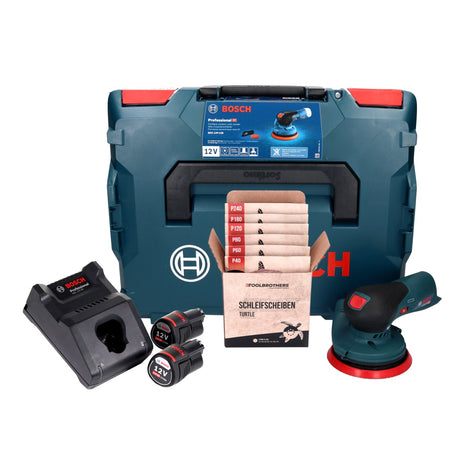 Lijadora excéntrica a batería Bosch GEX 12V-125 Professional 12 V 125 mm sin escobillas + 2x baterías 3,0 Ah + cargador + set de lijado Toolbrothers TURTLE + L-Boxx