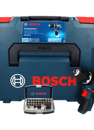 Bosch GSB 12V-35 Professional taladro percutor a batería 12 V 35 Nm sin escobillas + juego de puntas 32 piezas + L-Boxx - sin batería, sin cargador