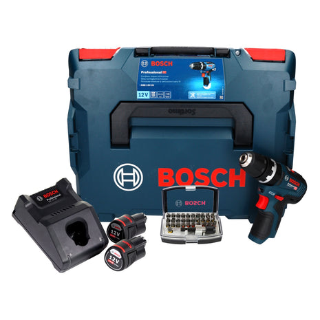 Bosch GSB 12V-35 Professional perceuse à percussion sans fil 12 V 35 Nm sans balais + 2 batteries 3,0 Ah + chargeur + jeu d'embouts 32 pièces + L-Boxx