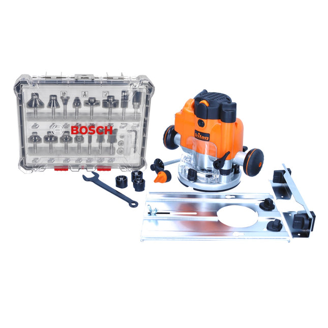 Fresadora Triton JOF001 1010 vatios carrera 59 mm + tope + set cortador 15 piezas