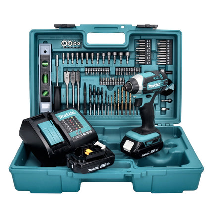 Llave de impacto a batería Makita DTD 152 SA2X5 18 V 165 Nm + 2x batería recargable 2,0 Ah + cargador + juego de accesorios de 101 piezas + maletín