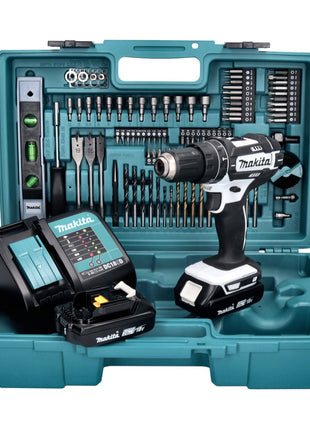 Makita DHP 482 SA2X5W perceuse à percussion sans fil blanc 18 V 62 Nm + 2x batteries 2,0 Ah + chargeur + jeu d'accessoires 101 pièces + mallette