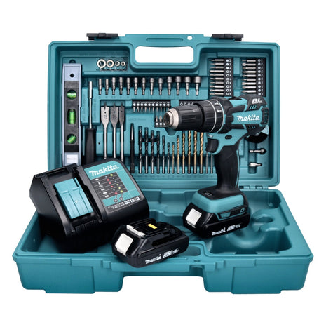 Makita DHP 480 SA2X5 Akku Schlagbohrschrauber 18 V 54 Nm + 2x Akku 2,0 Ah + Ladegerät + 101 tlg. Zubehör Set + Koffer