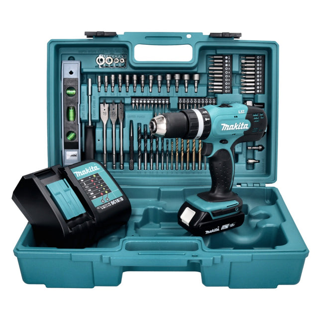 Makita DHP 453 SAX5 cordless impact drill 18 V 42 Nm + 1x rechargeable battery 2.0 Ah + charger + 101-piece accessory set + case