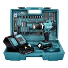 Taladro de percusión a batería Makita DHP 453 SA2X5 18 V 42 Nm + 2x batería recargable 2,0 Ah + cargador + juego de accesorios de 101 piezas + maletín