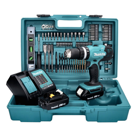 Taladro percutor inalámbrico Makita DHP 453 SA2X5 18 V 42 Nm + 2x baterías 2,0 Ah + cargador + set de accesorios 101 piezas + estuche