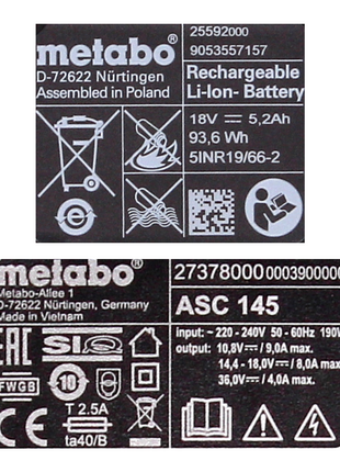 Juego base de baterías Metabo 18V con 2x baterías 5,2Ah + cargador ASC 145 (685051380)