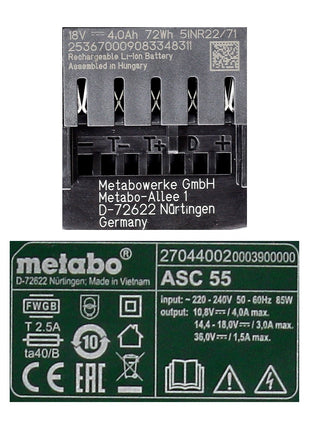 Metabo Akku Basis Set 18V mit 2x Akku LiHD 4,0Ah + Ladegerät ASC 55 ( 685163000 ) - Toolbrothers