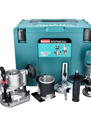 Makita RT 0702 CX2J Wielofunkcyjna frezarka górnowrzecionowa 710 W 6/8 mm + moduł frezarki górnowrzecionowej + moduł frezarki krawędziowej + moduł frezarki kątowej + Makpac