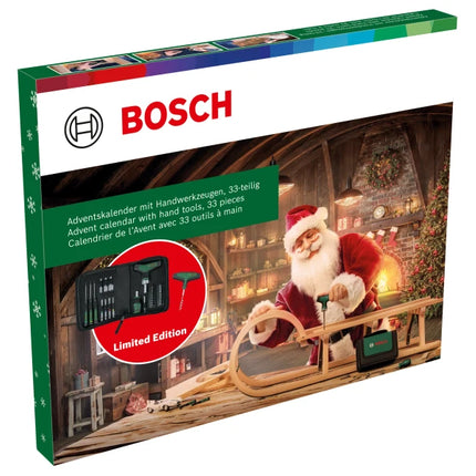Calendrier de l'Avent 2024 de Bosch avec 33 outils ( 1600A0349X ) Tournevis à cliquet pour embouts, manche en T, tournevis de précision, tournevis pour embouts Stubby, accessoires, tire-bouchon, sacoche