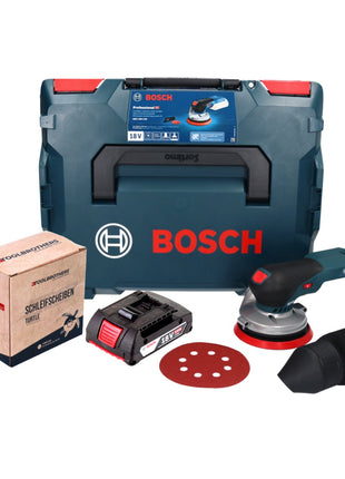 Lijadora excéntrica a batería Bosch GEX 18V-125 Professional 18 V 125 mm sin escobillas + 1x batería 2,0 Ah + 1x juego de lijado Toolbrothers TURTLE + L-BOXX - sin cargador