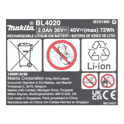 Batería Makita BL 4020 Li-Ion 40 V máx. 2,0 Ah XGT (191L29-0) Clase de protección IP64 con pantalla LED