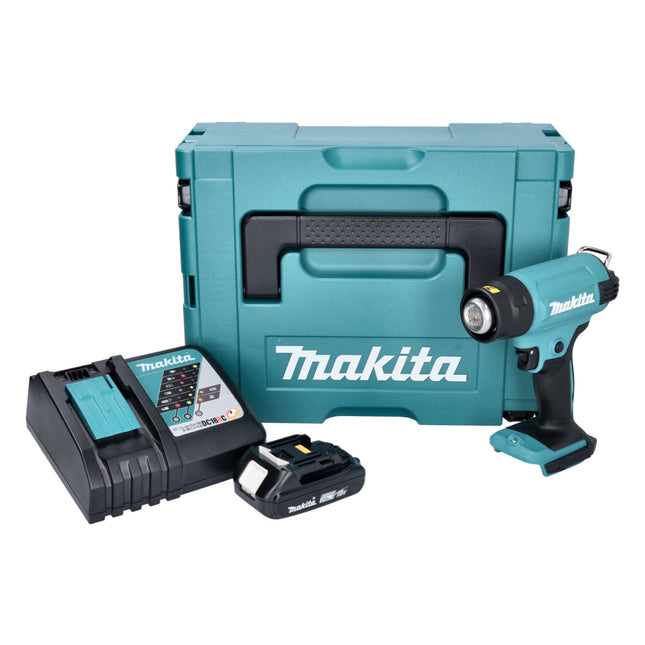 Pistola de aire caliente sin cable Makita DHG 180 RA1J 18 V 550 °C + 1x batería recargable 2,0 Ah + cargador + Makpac