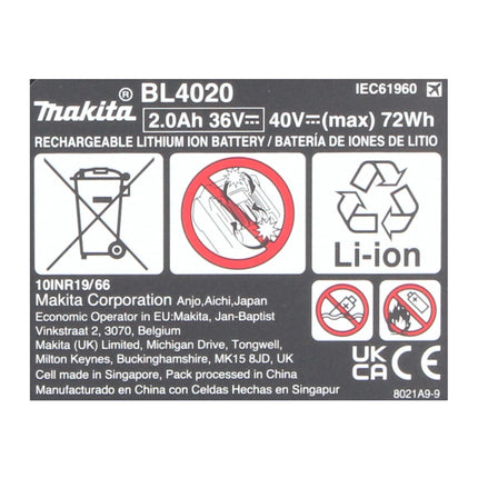 Juego de baterías Makita 4x BL 4020 Li-Ion batería 40 V máx. 2,0 Ah XGT (4x 191L29-0) Clase de protección IP64 con pantalla LED