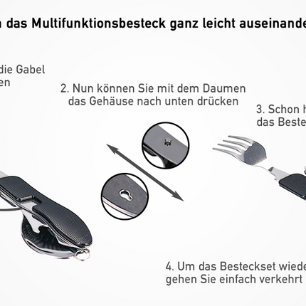 Toolbrothers 4 in 1 Multifunktions - Besteck Set in schwarz aus Löffel, Messer, Gabel, Flaschenöffner Campingausrüstung, faltbar, leicht zu reinigen - Toolbrothers